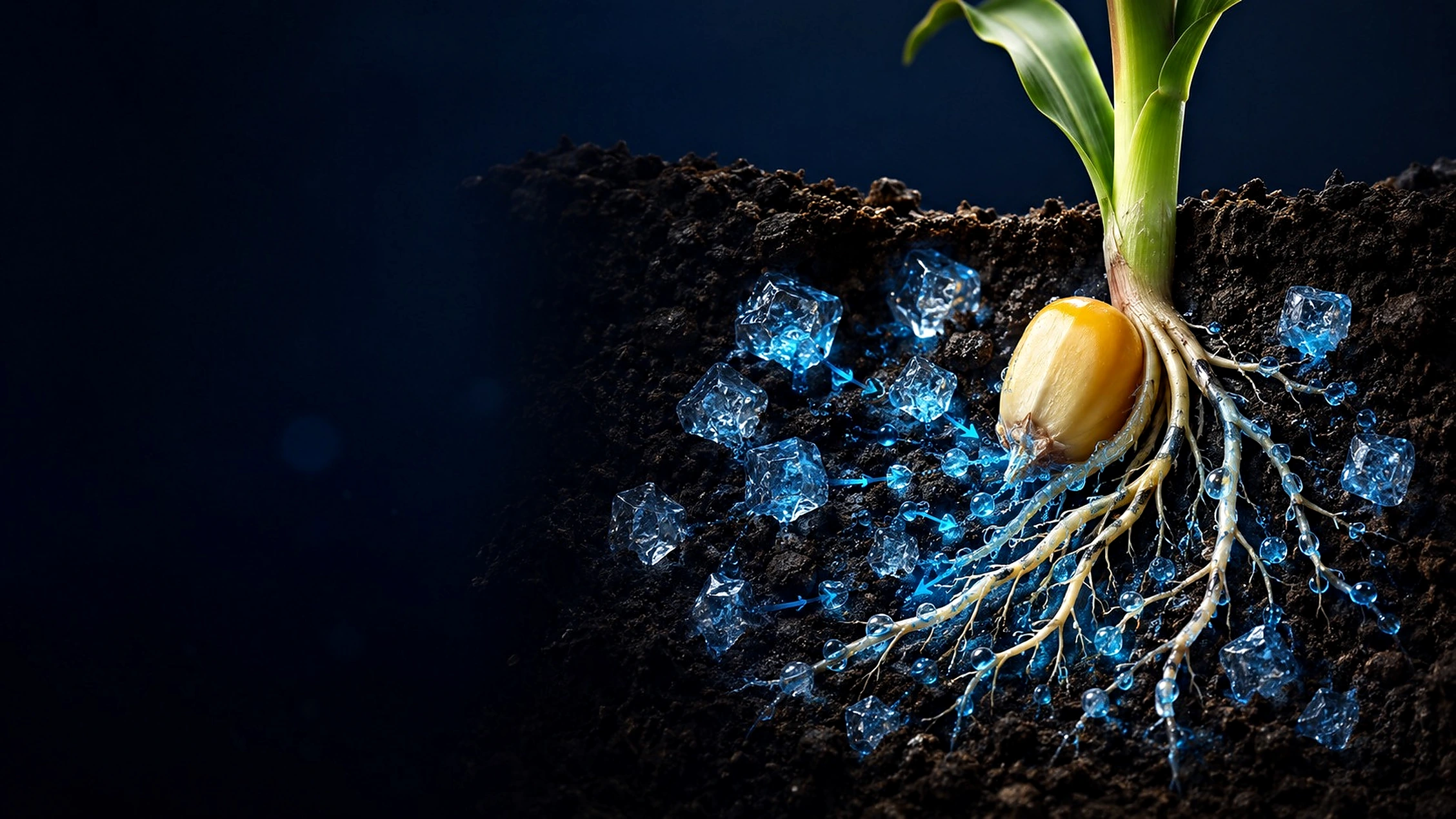 Corte de suelo: un grano de maíz germinando, sus raíces, y los gránulos de MaiSAP ya hidratados soltando el agua hacia ellas.